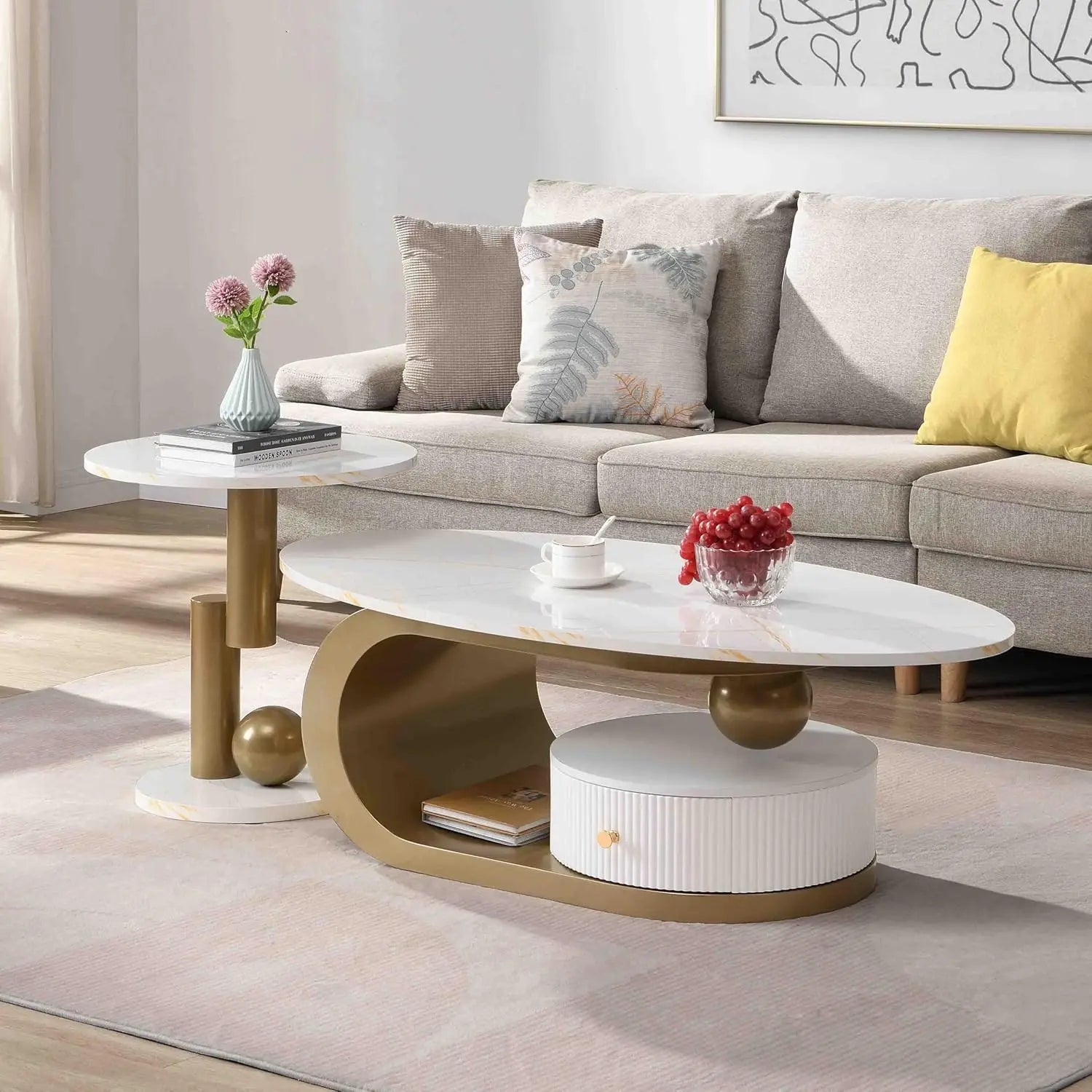 Modern Coffee Table with Silver Stainless Steel Pedestal,Oval Living Room Table with Faux Marble Top & Luxury, Customized