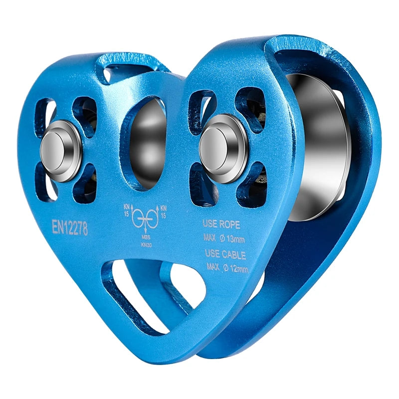Heart-Shape Climbing Double Pulley Steel Cable Rope 13mm Climbing Device High Speed Zipline Trolley 24KN