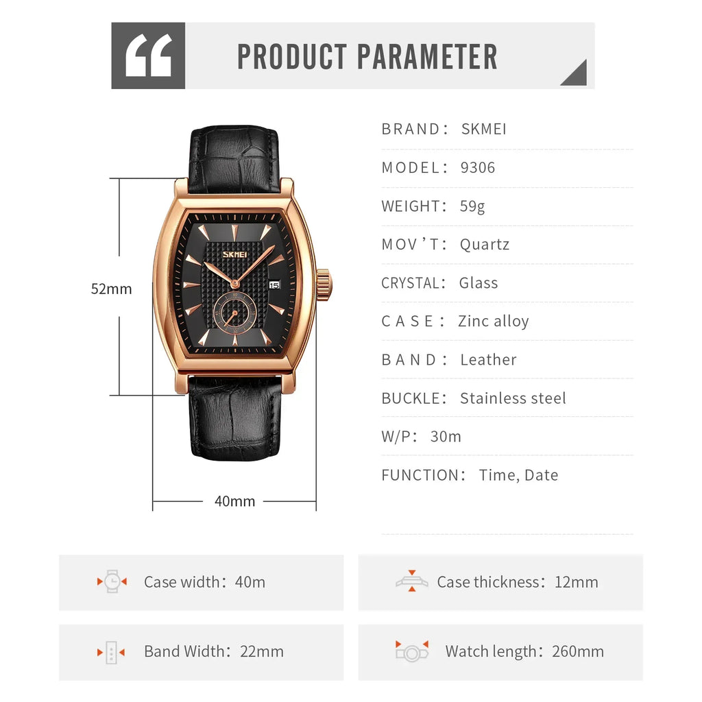 SKMEI 9306 Business Quartz Mens Watches Luxury Leather Date Calendar Waterproof Sport Men Wristwatches Clock Relogio Masculino