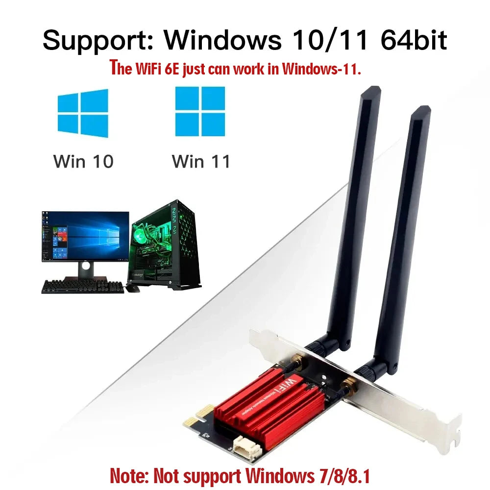 Wifi6e PCI-E Wifi Adapter AX210 5374Mbps Bluetooth 5.3 Tri Band 2.4G/5G/6G Wireless Network Card Windows 10 11 For PC
