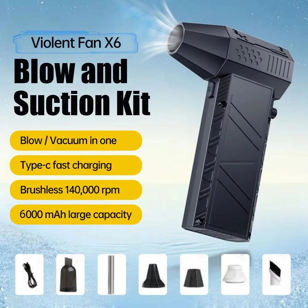 Type-C X6 Violent Fan Powerful Vacuum Dust Cleaner 140000RPM Strong Wind Fast Charging Brushless Turbo Blower Jet for Cleaning