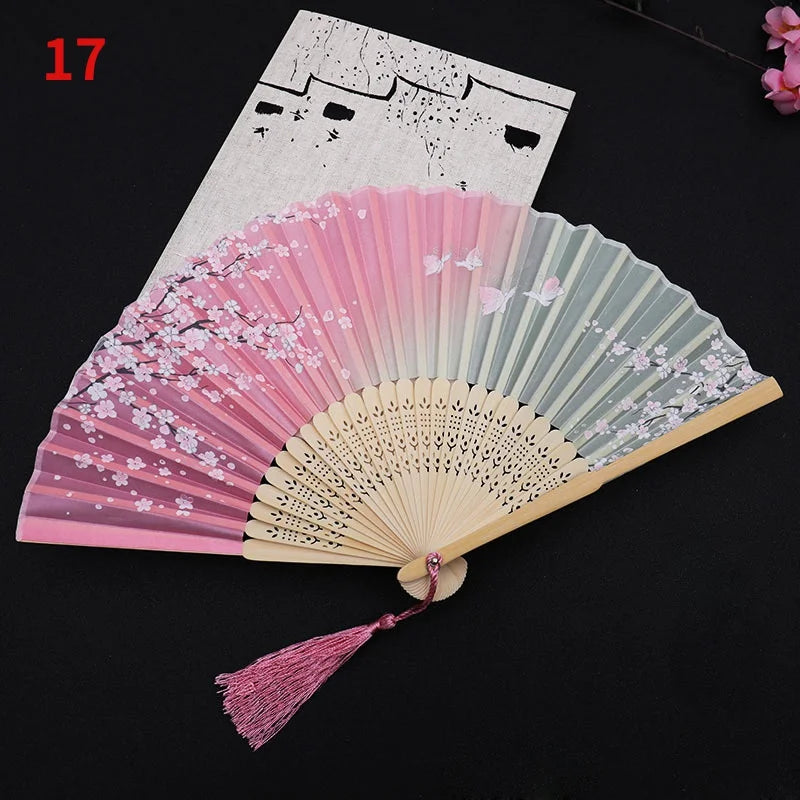 1Pc Vintage Silk Folding Fan Retro Chinese Japanese Bamboo Folding Fan Tassel Dance Hand Fan Home Decoration Ornament Craft Gift