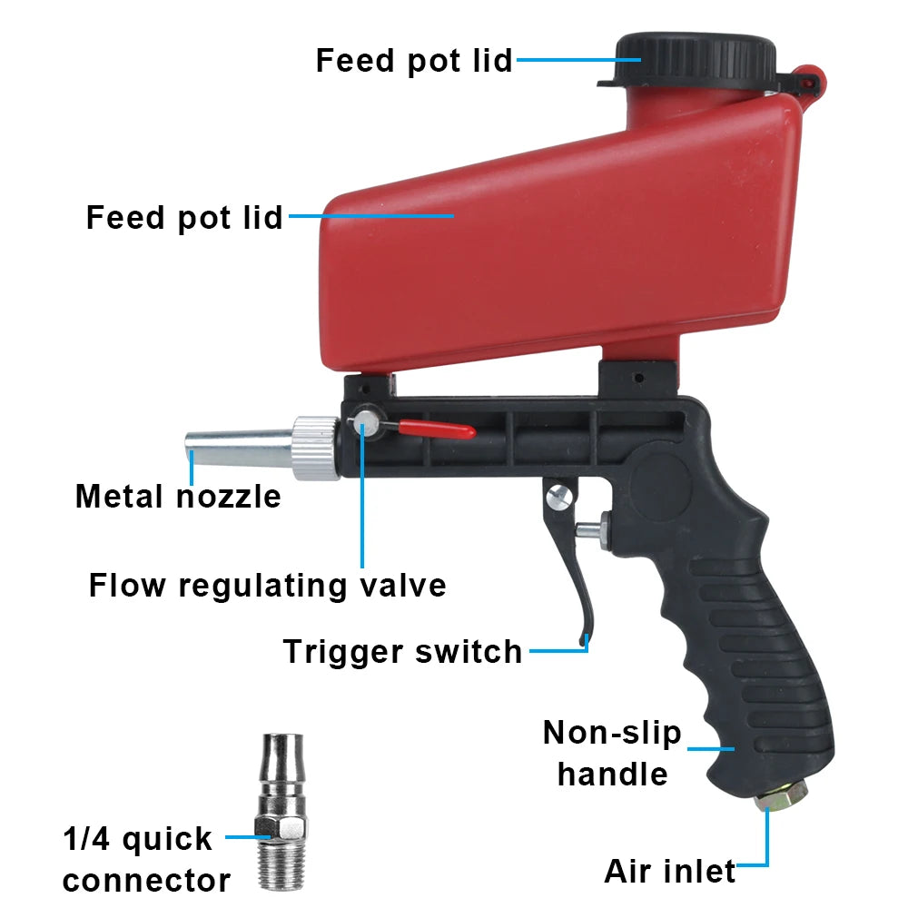 90psi Portable Gravity Sand Blaster Small Sand Blasting Machine Handheld Pneumatic Blasting Gun Set Sandblasting Gun Adjustable