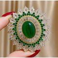Vintage Emerald Oval Sunflower Brooch for Women Green Crystal Sunburst Lapel Pins Floral Design Wedding Party Art Deco Jewelry