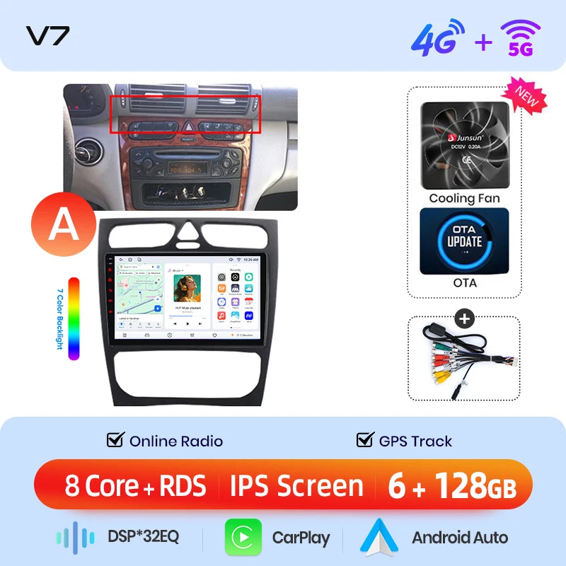 Junsun Wireless CarPlay Android Auto Car Radio For Mercedes-Benz C-Class (W203) / CLK-Class (C209/A209) 2000-2009 Built-in Cooling Fan Android GPS Navigation Multimedia Player WiFi DSP RDS BT SWC IPS Touch Screen Autoradio Vi