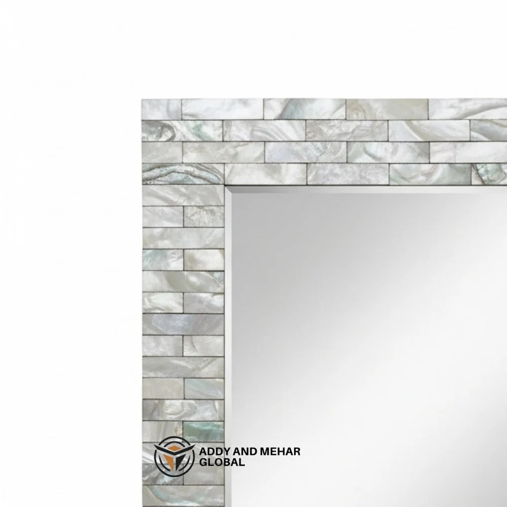 Luxury Mother Pearl Inlay Handmade Shell Wall Mirror Gray Frame Art Deco Design Eco-Friendly Wedding Decor Addy Mehar Global
