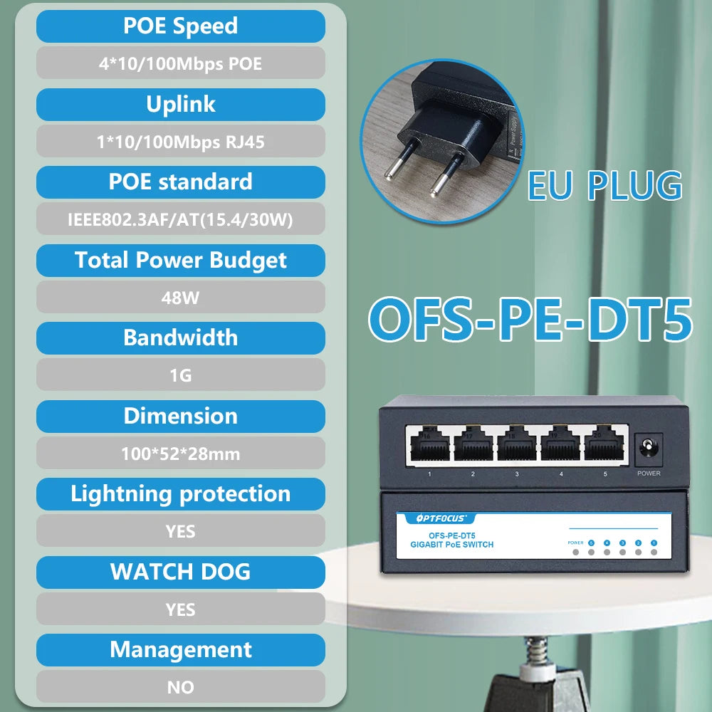 OPTFOCUS Free Shipping 48W POE Active Ethernet Switch 802.3af 802.3at ethernet hub splitter shunt power diverter deconcentrator