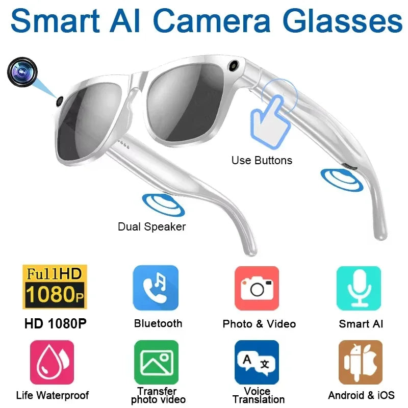 Lenovo AI Smart Glasses With 8K 1200mp Camera Chat Gpt Touch Sport Sunglasses Music Player Bluetooth Calling Voice Assistant