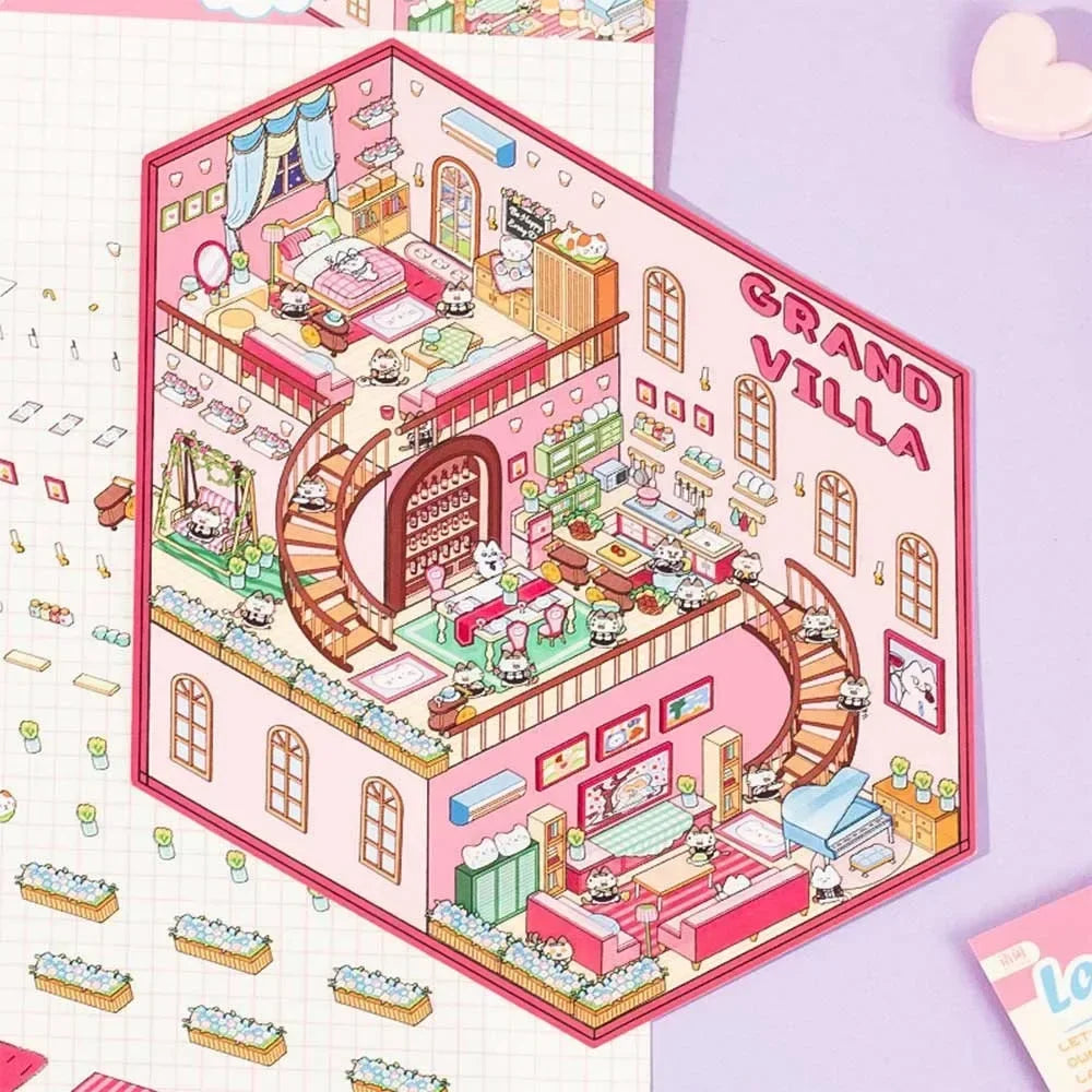 New Cartoon 3D Landscape Sticker Book Three-dimensional DIY Cabin Scene Pocket Sticker Miniature Scene Book Student Kid Child