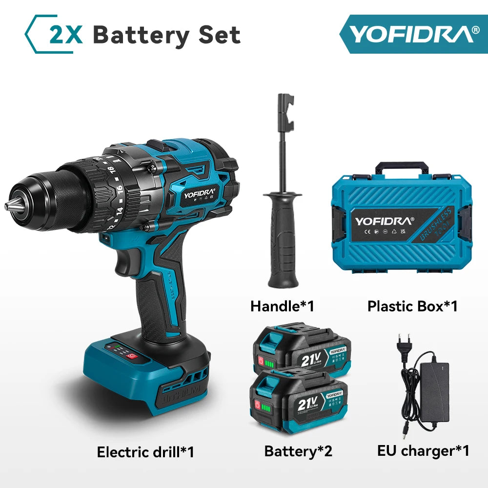 YOFIDRA 900N.M 13MM Brushless Electric Impact Drill 20+3 Torque Handheld Drilling Screwdriver Power Tool For Makita Battery Pin