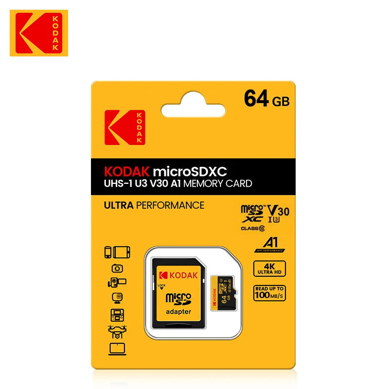 KODAK Micro SD Card Memory Card UP TO 100MB/s C10 U3 32GB 64GB 128GB 256GB TF Card 4K HD For USB Card Reader Adapter Microsd