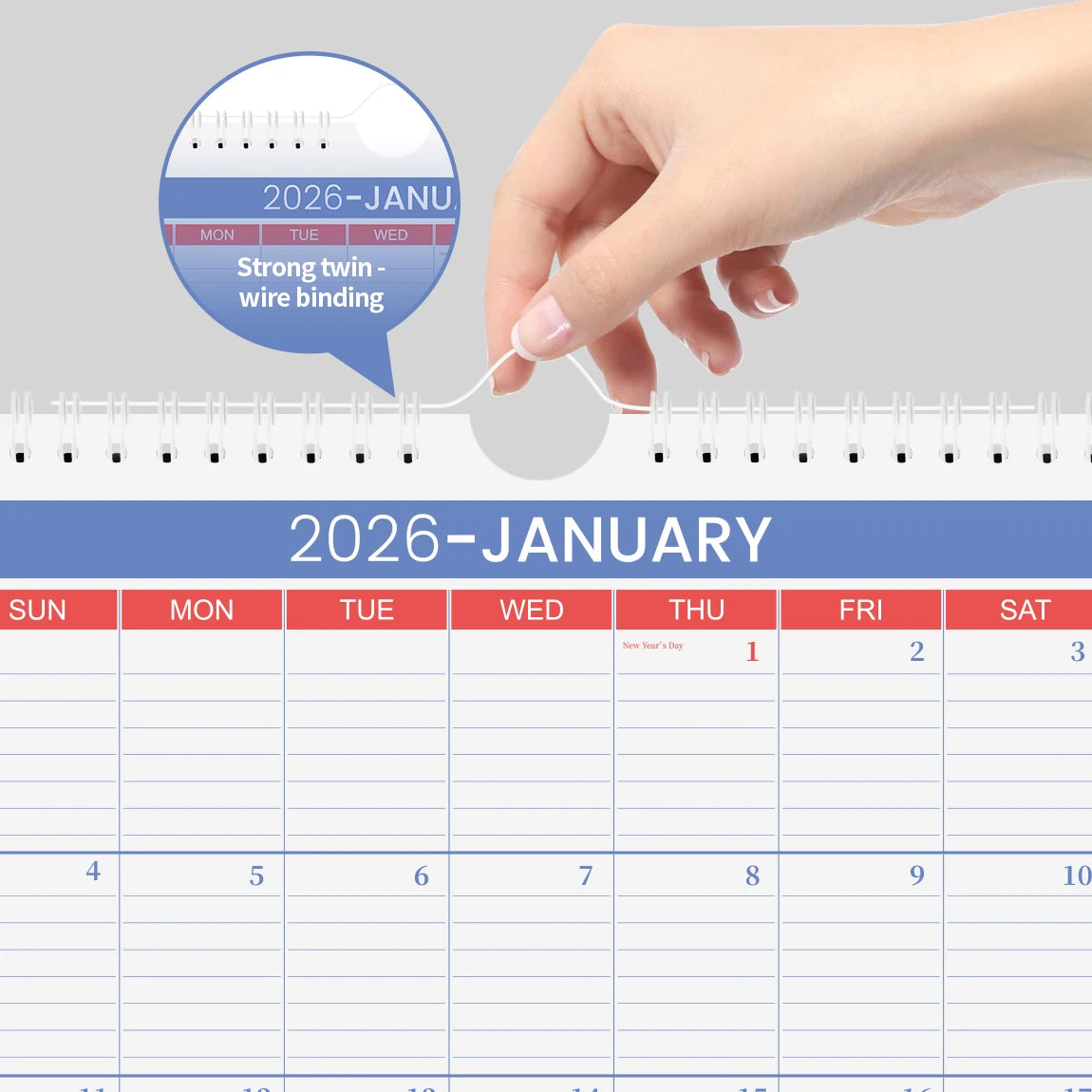 2026 A4 Wall Calendar Jan–Dec, Large Monthly Layout, Holiday Markings, Easy-Hang Spiral Design