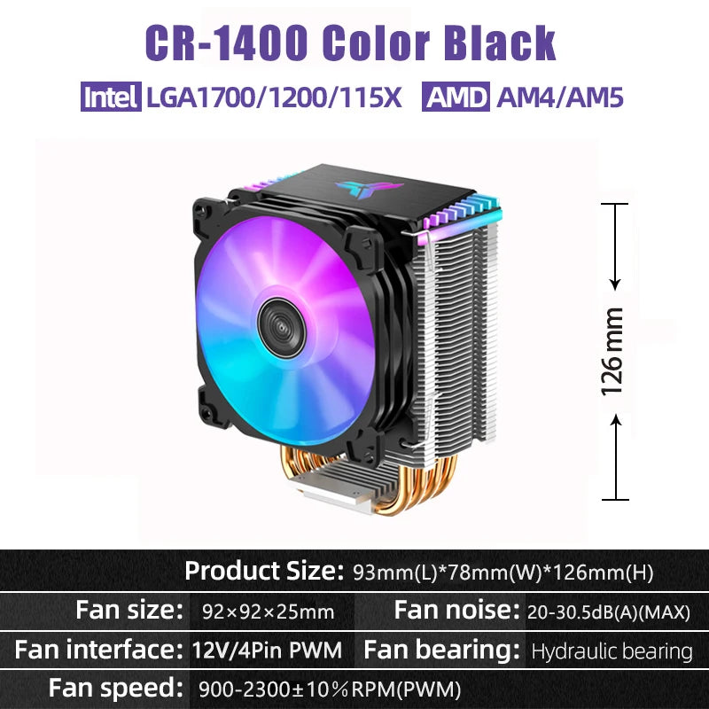 JONSBO CR1400 COLOR CPU Cooler, 92mm PWM Fan CPU Cooler, 4 Heat Pipe High 126mm  Air Cooler Tower Radiator for Intel LGA1700 AM5