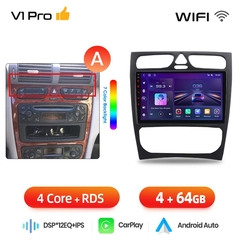 Junsun Wireless CarPlay Android Auto Car Radio For Mercedes-Benz C-Class (W203) / CLK-Class (C209/A209) 2000-2009 Built-in Cooling Fan Android GPS Navigation Multimedia Player WiFi DSP RDS BT SWC IPS Touch Screen Autoradio Vi