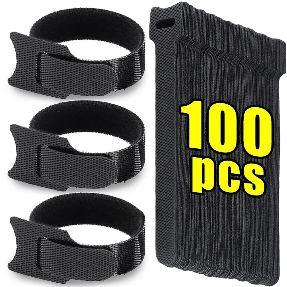 Black Releasable Cable Ties Nylon Loop Hoop Fastener Tape Cord Straps Wire Organizer Multi-Purpose Bundling Wrap Tie
