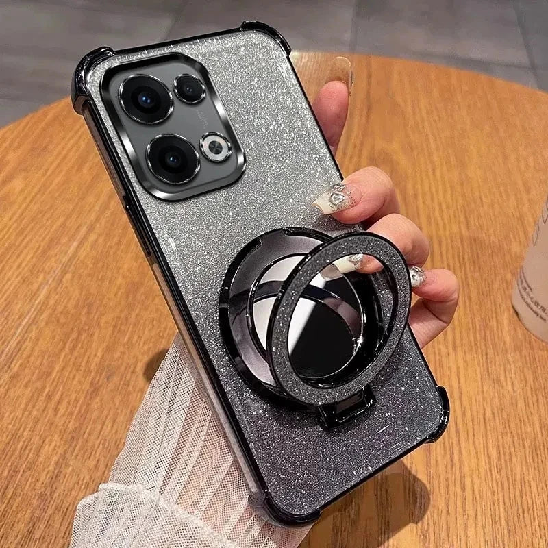 Glitter Shockproof Silicone Case For OPPO Reno 13 12 12F 11 11F 10 9 8 7 Pro Plus 4G 5G Mirror Magnetic Holder Stand Soft Cover