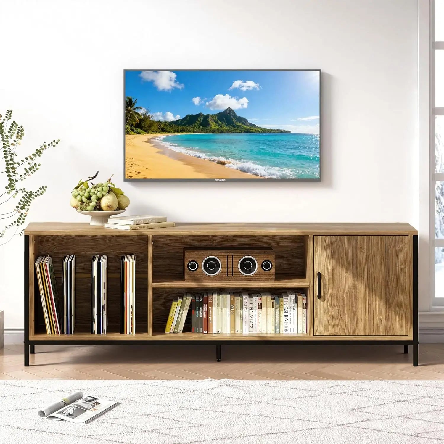 69" Fluted TV Stand Storage Console 3 Drawers & Doors Faux Marble Top Blue Customized