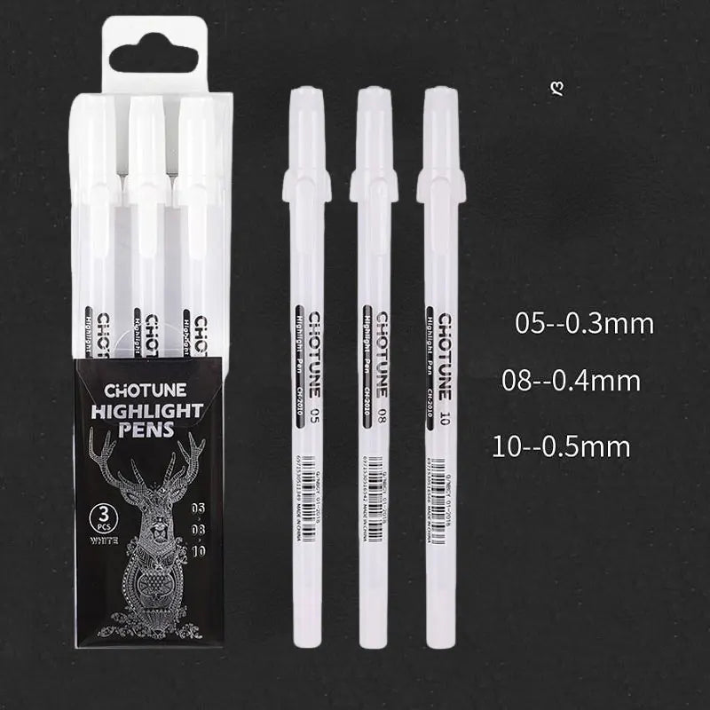 3PCS Gelly Roll Gel Pens White Highlight Marker for Journaling Art Drawing Classic White Ink Assorted Point Fine Medium Bold