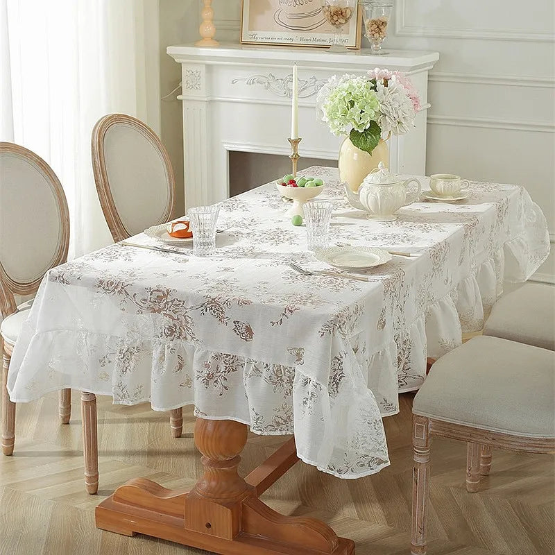 French Cutout Lace Tablecloth, Retro Romantic White Cut Flower Design Ruffle Tablecloth, Wedding Decoration, Cabinets Cover