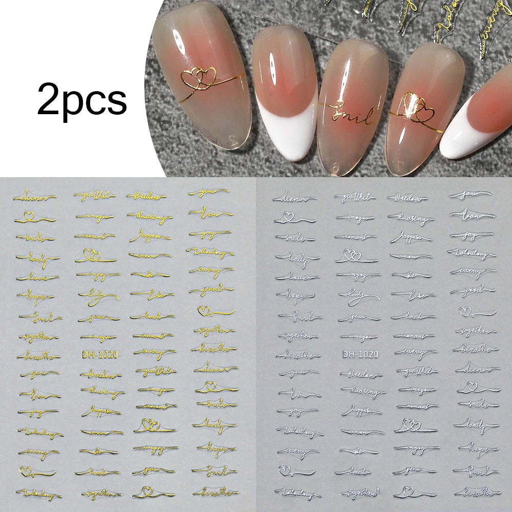 2pcs English Letter Vintage 3D Nail Art Stickers Love Letter Alphabet Vintage Gold Silver Black White Nail Decals DIY Manicures