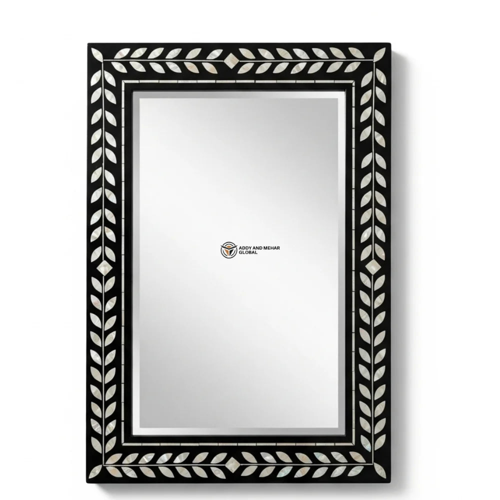 Luxury Art Deco Square Wedding MOP Inlay Decorative Mirror Intricate Leaf Motif Deep Black Wooden Frame Handmade Eco-Friendly
