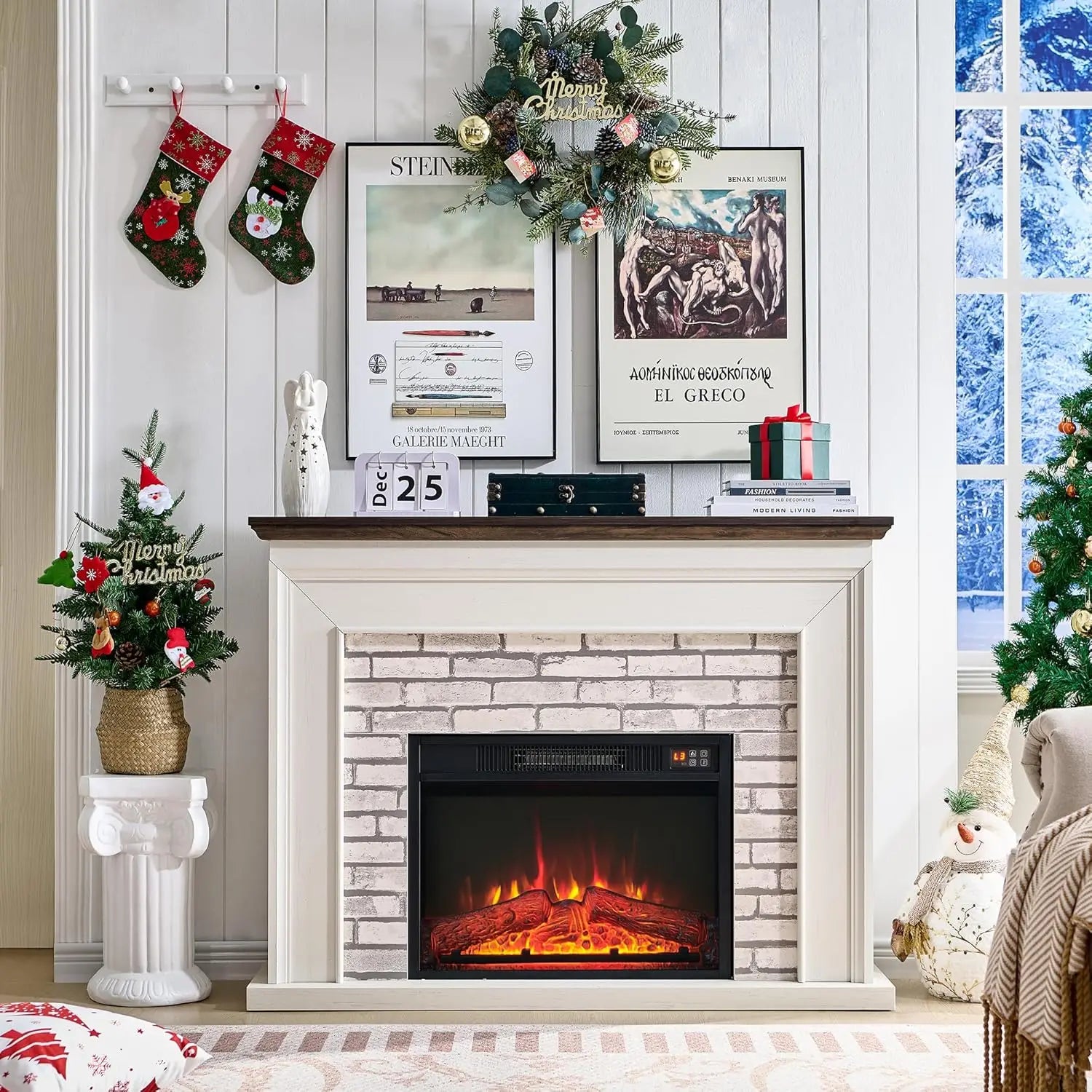45" clamshell electric fireplace with mantel, electric fireplace heater, remote control, living room, adjustable flame level