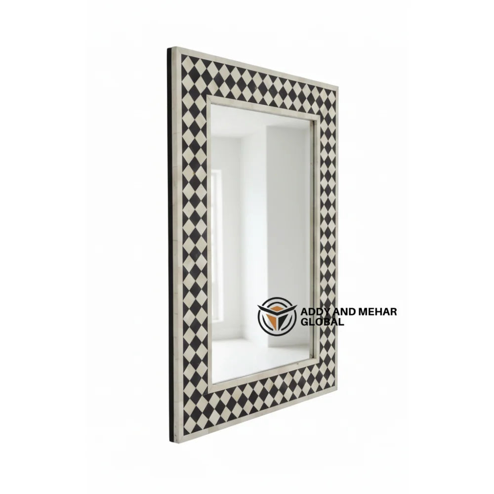 Handcrafted Black & White MDF Inlay Art Deco Eco-Friendly Decorative Geometric Pattern Square Wall Mirror
