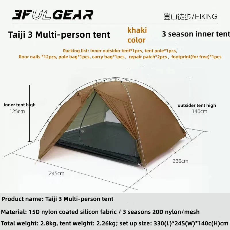 3F UL Gear Taiji3 Ultralight Tent 3/4 Season Portable Backpacking Tent for Multi person Double Layer Tent for Camping, Climbing