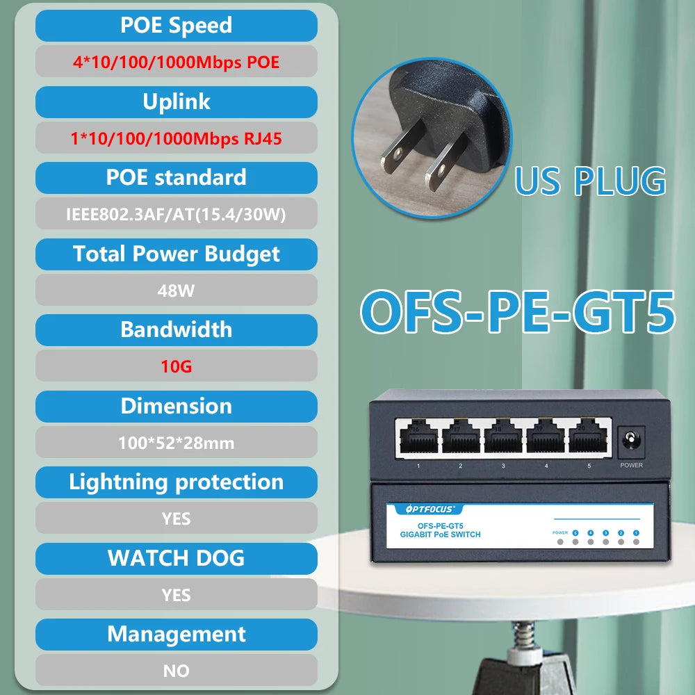 OPTFOCUS Free Shipping 48W POE Active Ethernet Switch 802.3af 802.3at ethernet hub splitter shunt power diverter deconcentrator