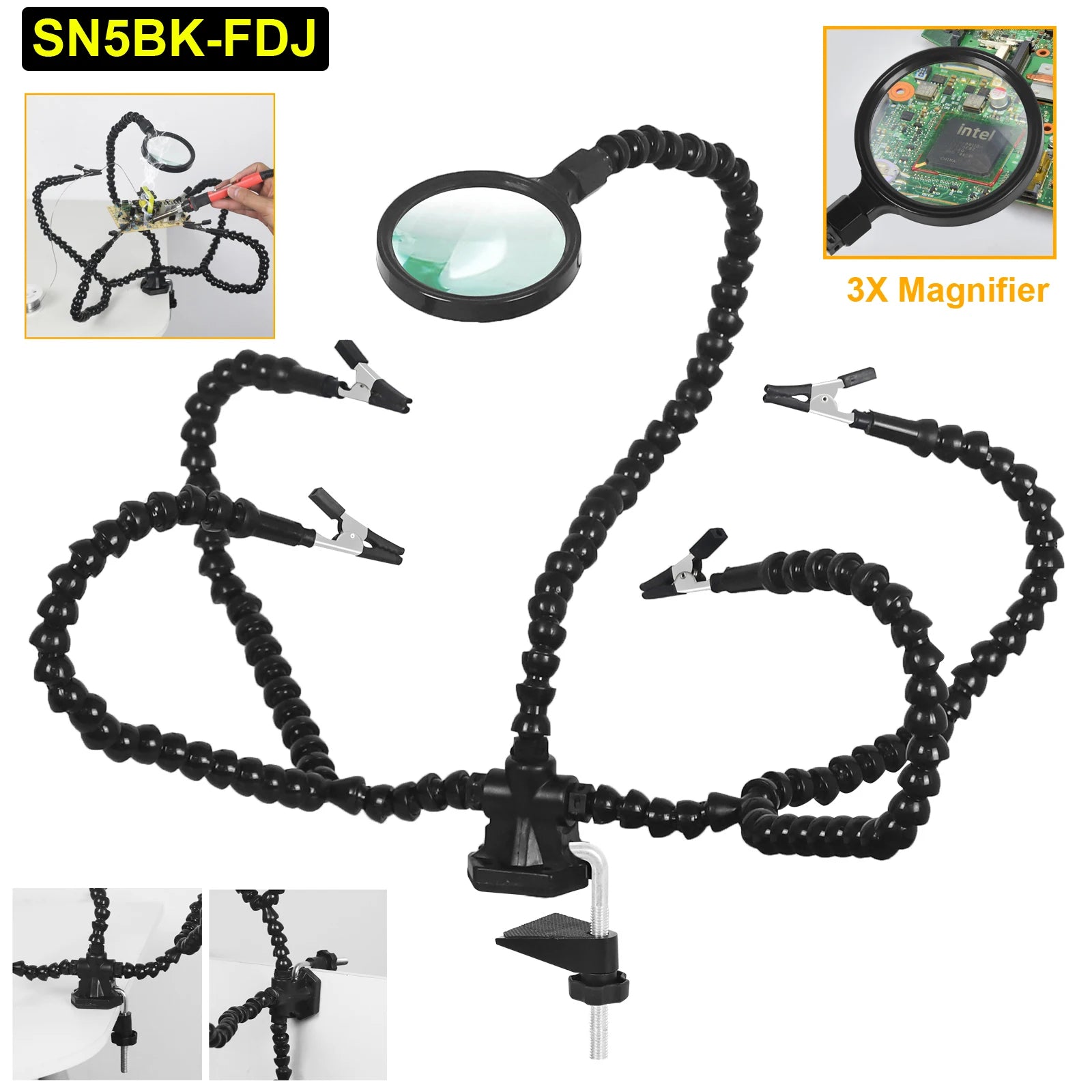 Toolour Helping Hand Soldering Third Hands with 6 Flexible Arms LED Flashlight Magnifying Glass Welding Smoke Exhaust Fan