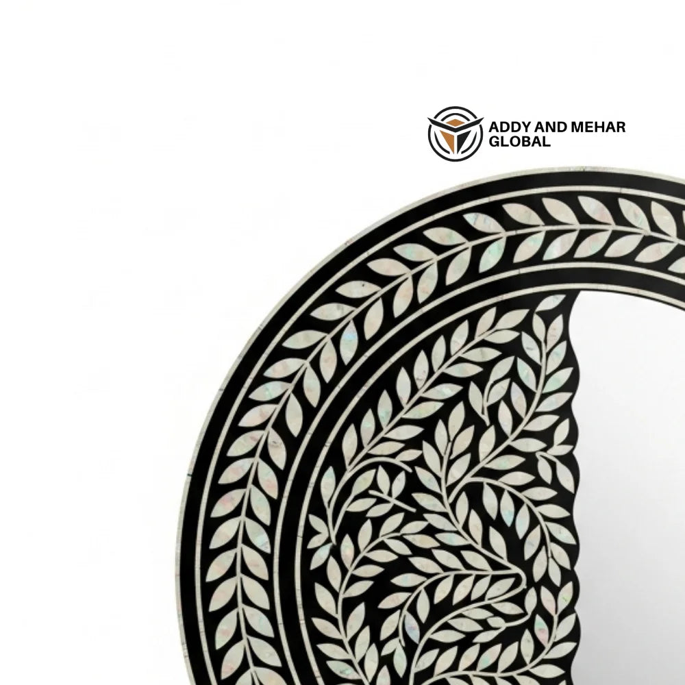 Luxury Round Mother of Pearl Inlay Handmade Shell Wall Mirror with Black Frame Art Deco Design Eco-Friendly Decorative
