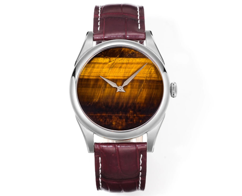 HUASUO New 38mm Business Men Watch Tiger Eye Stone Dial PT5000 Automatic Mechanical Gemstone Wristwatch Sapphire Waterproof 50M
