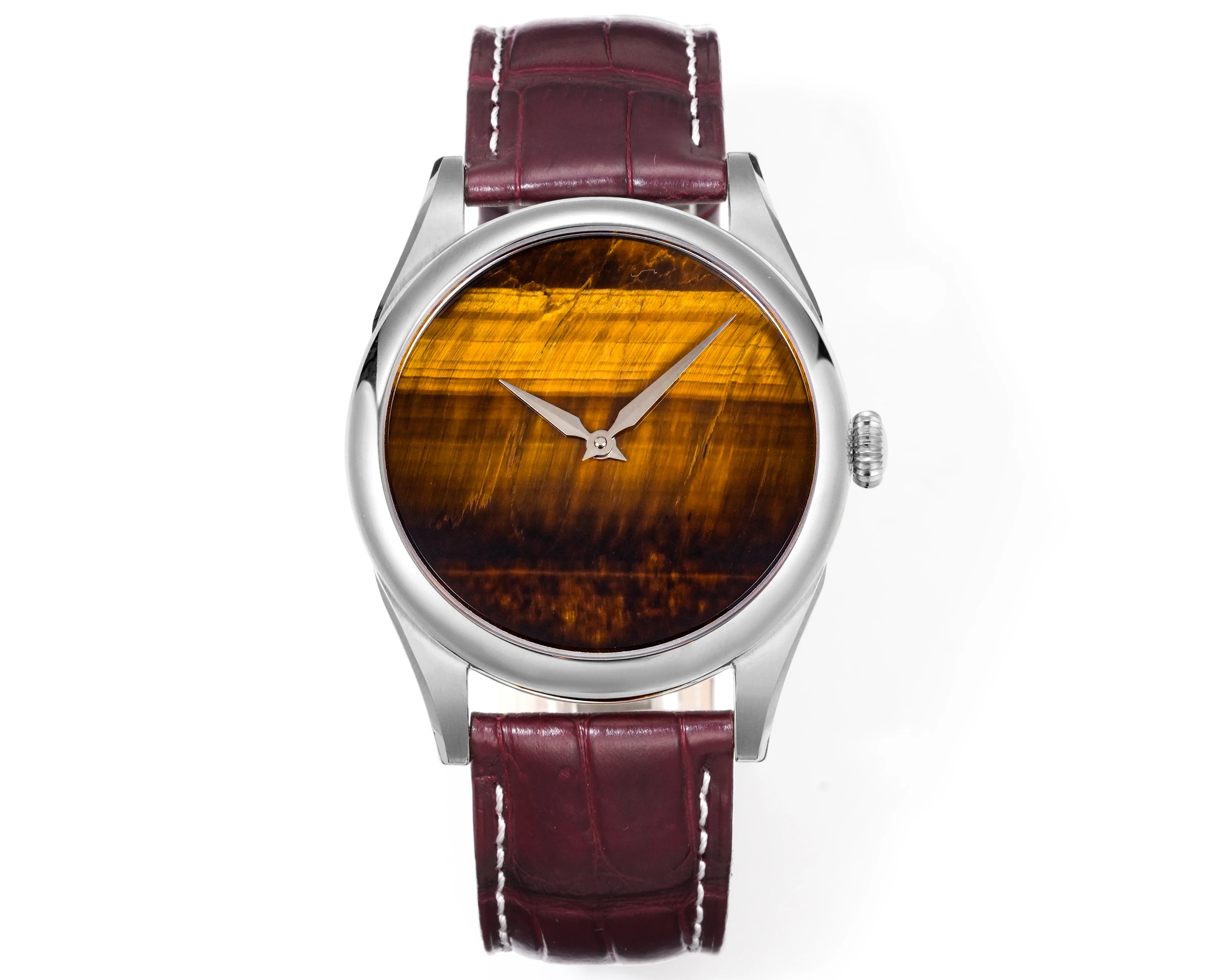 HUASUO New 38mm Business Men Watch Tiger Eye Stone Dial PT5000 Automatic Mechanical Gemstone Wristwatch Sapphire Waterproof 50M