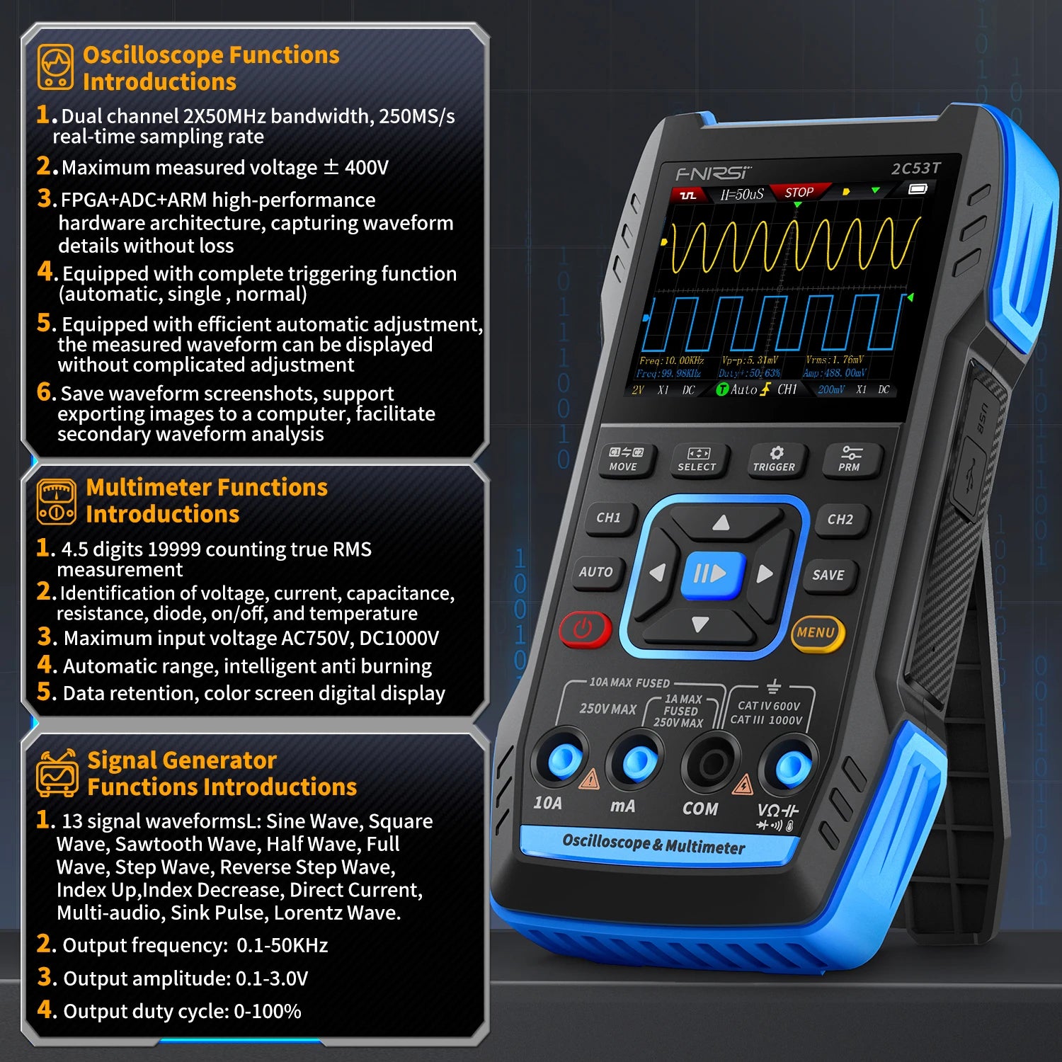 FNIRSI 2C23T Oscilloscope Multimeter DDS Generator 10MHz*2 50MS/s