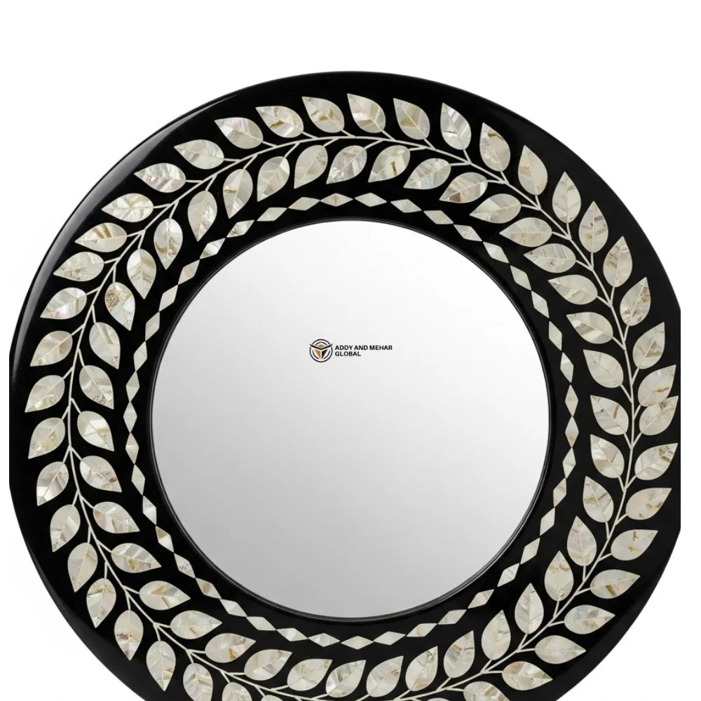 Artisan-Crafted Eco-Friendly Square Art Deco Wall Mirror with Intricate Ivory Vine Inlay on Deep Black Frame for Wedding Decor