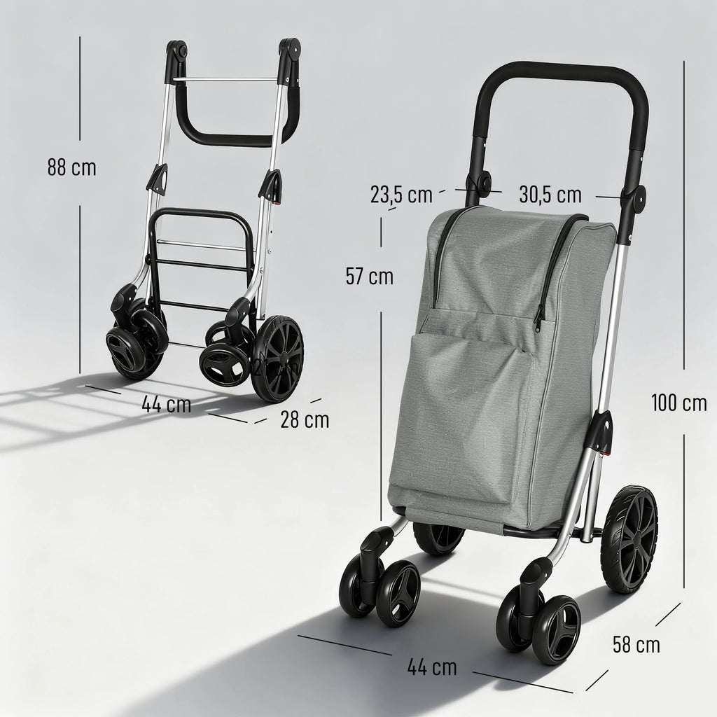 Homcom 46 L Folding Shopping Cart 3 in 1 Cart with 6 Wheels Thermal Bag and Adjustable Handle 44X58X100 cm Gray
