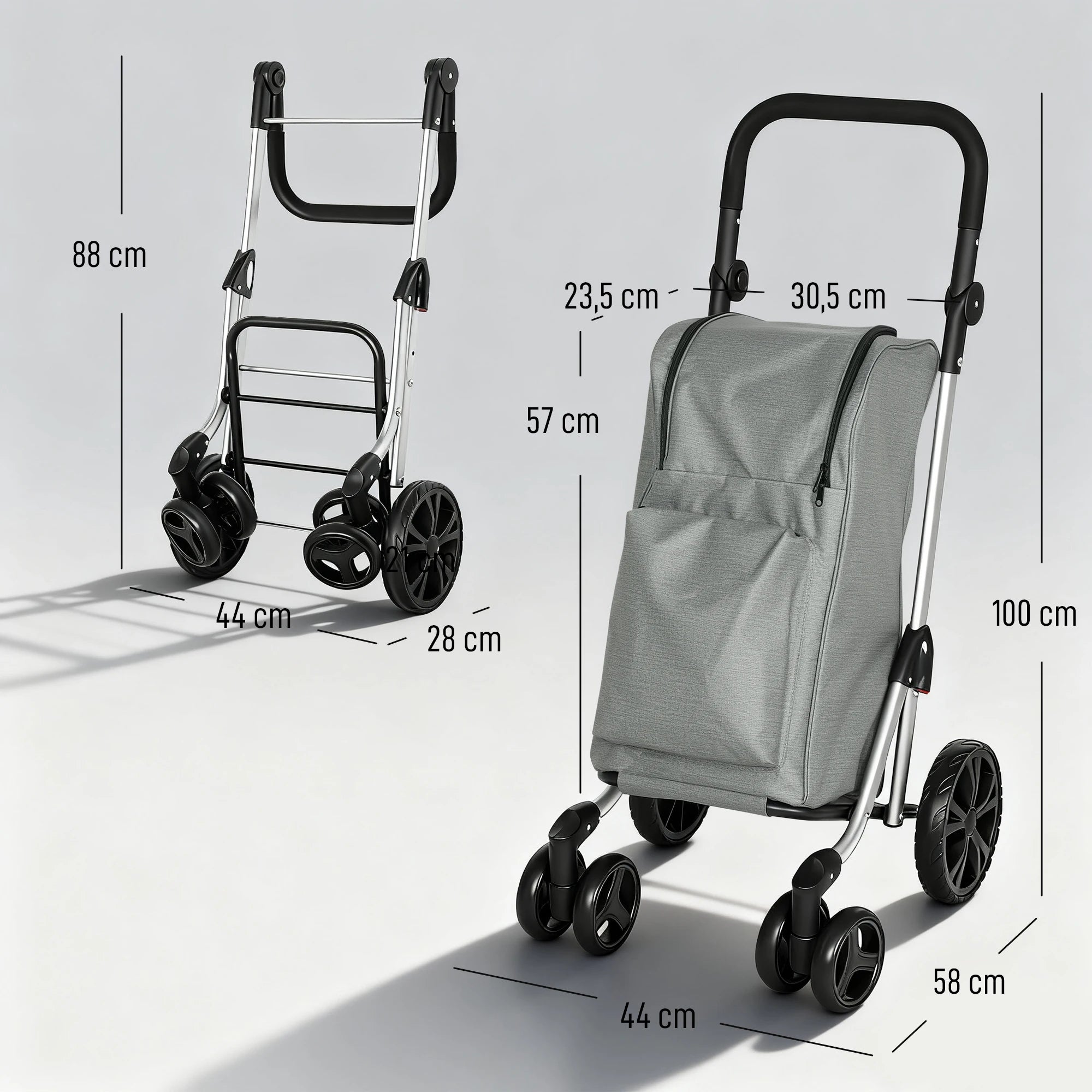 Homcom 46 L Folding Shopping Cart 3 in 1 Cart with 6 Wheels Thermal Bag and Adjustable Handle 44X58X100 cm Gray