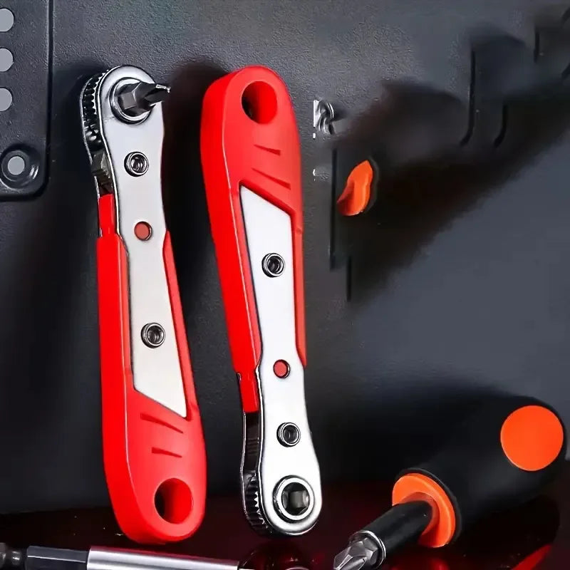 A Red Multifunctional Bidirectional Ratchet Screwdriver Right Angle Magnetic Wrench Cross Shaped Short Screw red Tool