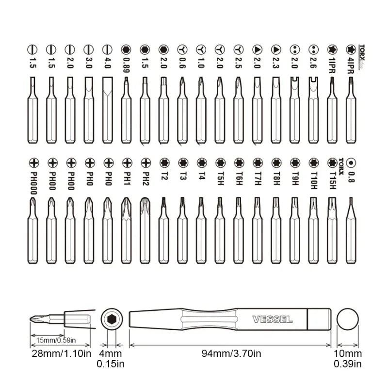 VESSEL 9836 Precision Screwdriver Set 36 pcs, Replaceable Screwdriver Bits Mini Screwdriver for Camera Watch Glass Repair Tool