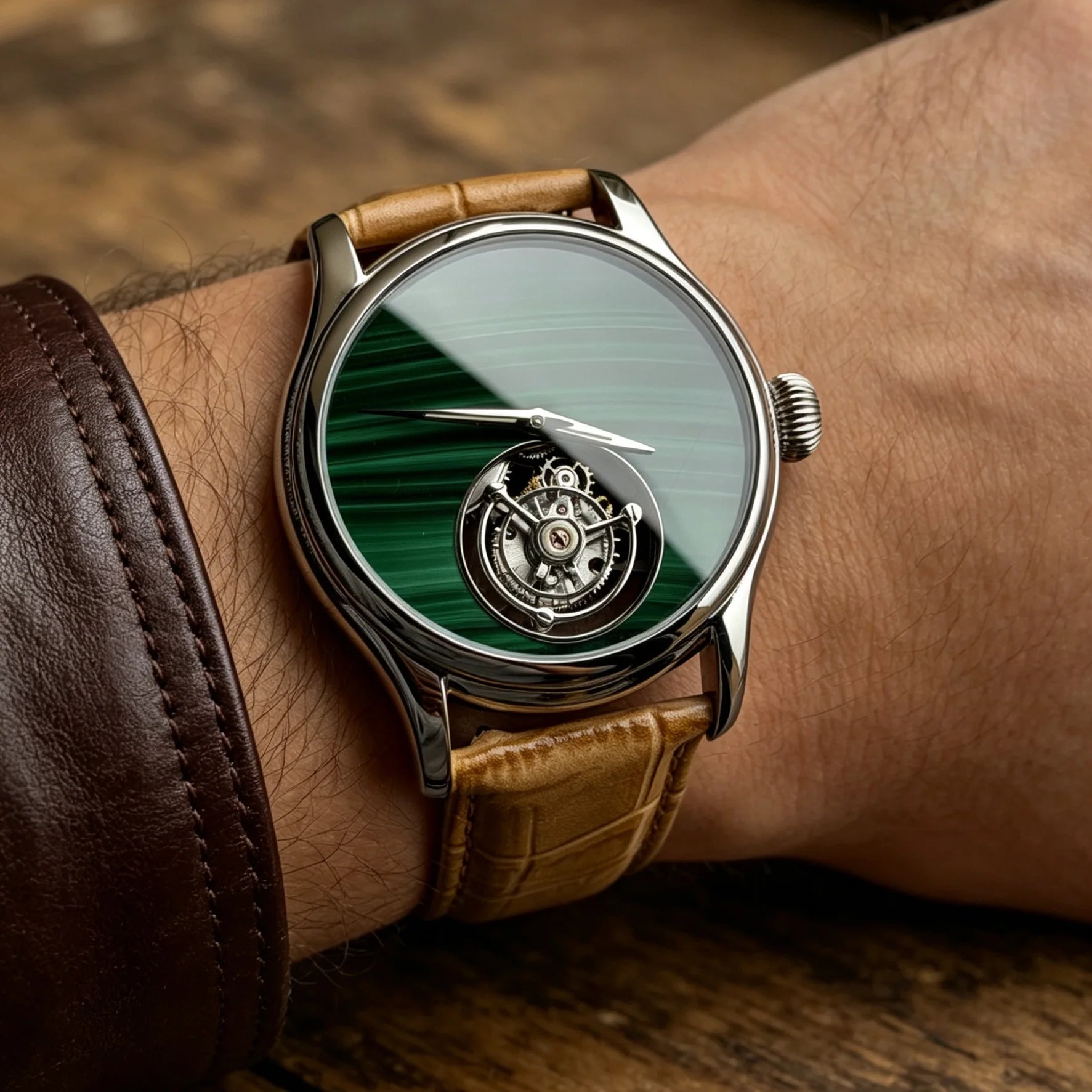 Merkur 100% Tourbillon Watch Men's Natural Stone Dial Malachite Sapphire Watch For Men Mechanical Wristwatches Relogio Masculino