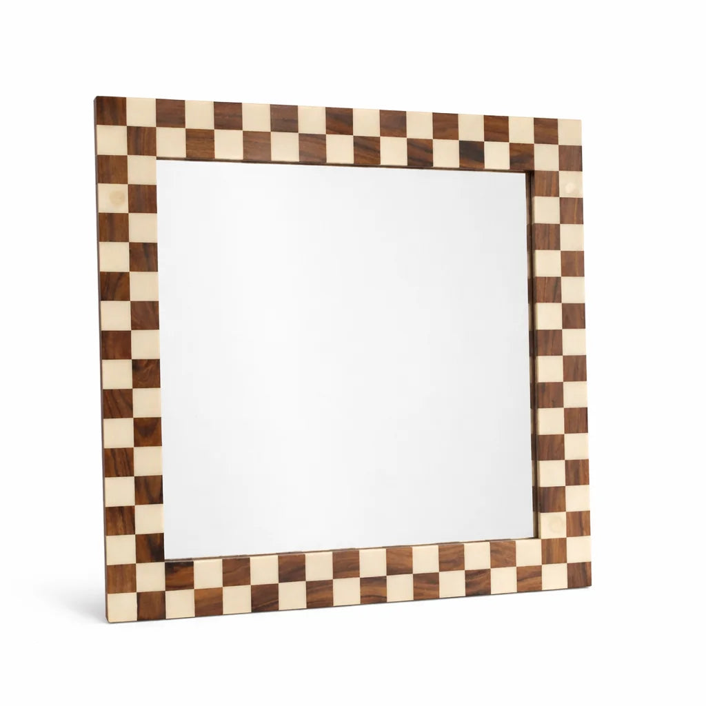 Premium Handmade Custom Chess Design Modern Eco-Friendly Polished Wedding Square Wood/Resin 18x18 Inch Mirror Wall Art Home