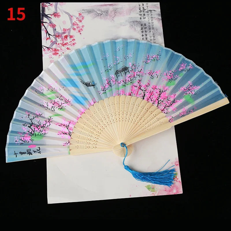 1Pc Vintage Silk Folding Fan Retro Chinese Japanese Bamboo Folding Fan Tassel Dance Hand Fan Home Decoration Ornament Craft Gift