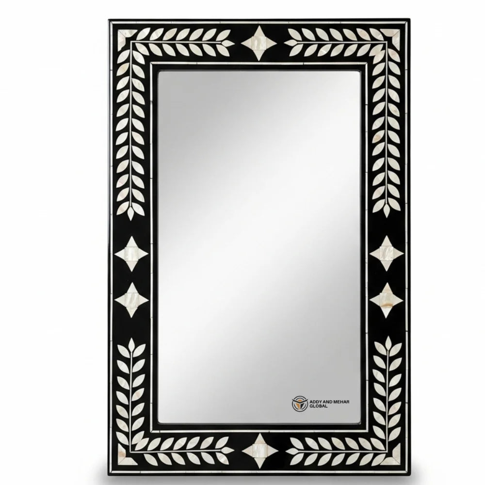 Handcrafted Art Deco Square Black Ivory Laurel Inlay Eco-Friendly Framed 5mm Thick Decorative Wall Mirror Geometric Star Accents