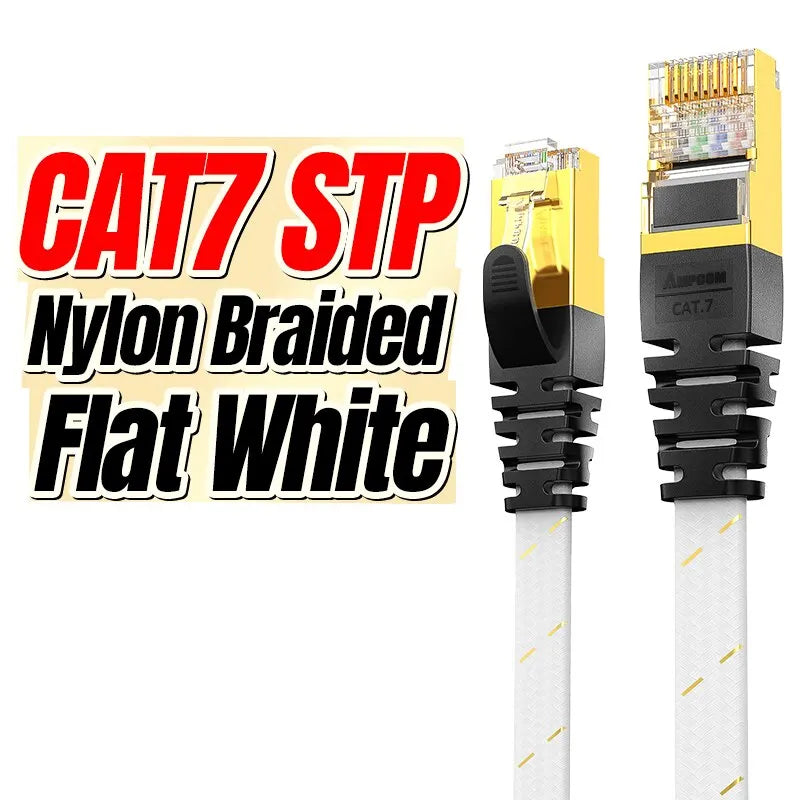 AMPCOM CAT7 Ethernet Cable Flat Lan Cable SFTP Round RJ45 Network Cable Cat 7 Internet Cord for Router Modem PC PS4 Patch Cable