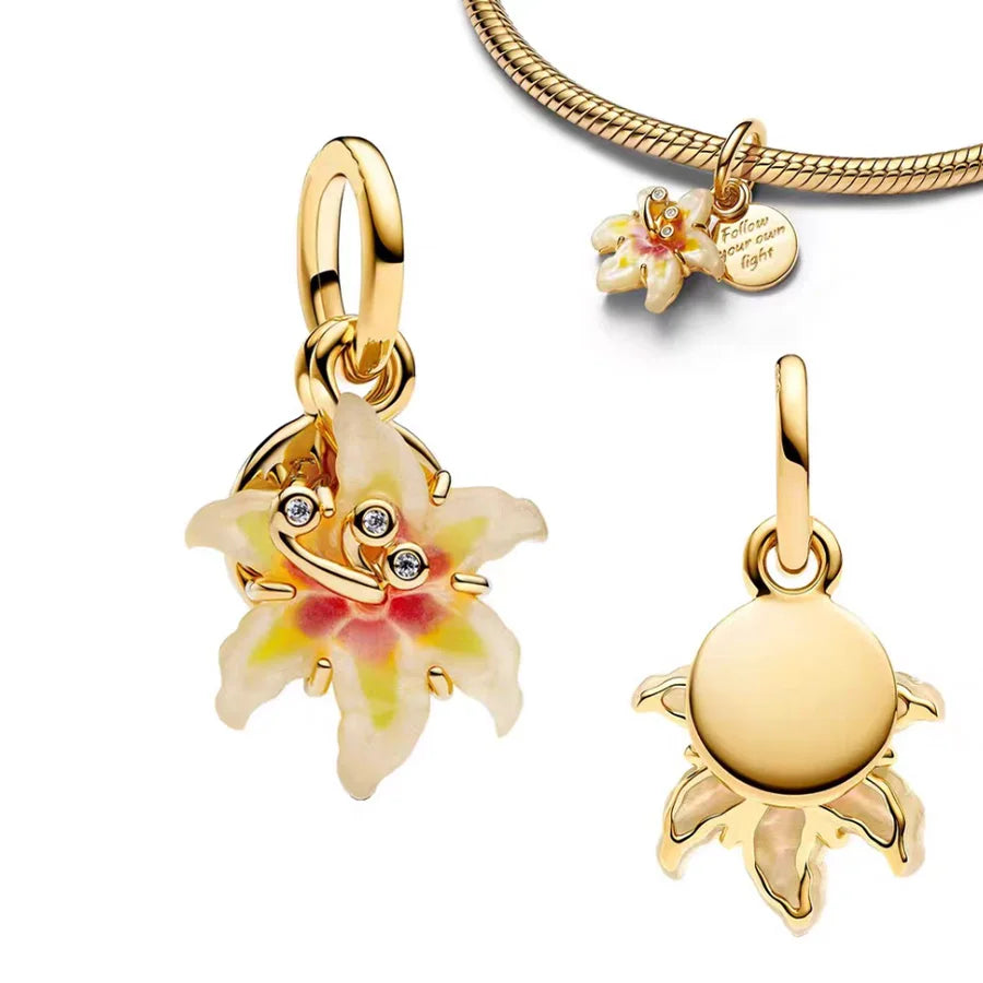 Gold Plated CZ Charms Fit Original Bracelet 925 Sterling Silver Core Heart Star Flower Dangle Beads Luxury DIY Jewelry Gift