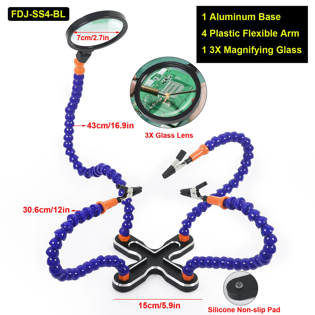 Toolour Helping Hand Soldering Third Hands with 6 Flexible Arms LED Flashlight Magnifying Glass Welding Smoke Exhaust Fan