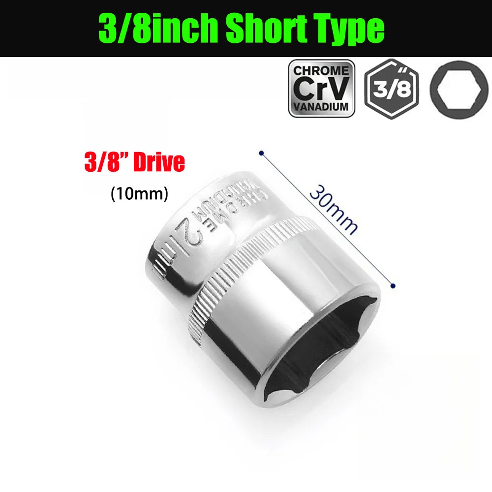 3/8 inch Short Long Socket Set CRV 6-24mm Deep Socket Adapter for Torque Ratchet Socket Wrench Spanner Repair Hand Tool