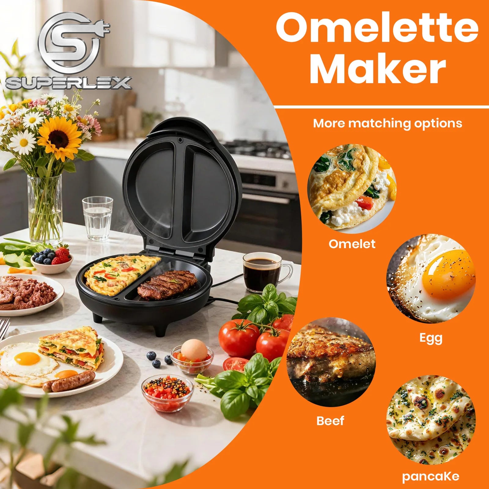 SUPERLEX Electric Omelette Maker 750W Nonstick Multi-function Omelette Machine With Smart Light Indicator Household Bread Cake