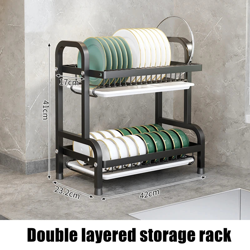 Dish Drying Rack Stainless Steel 2-tier Compact Kitchen Dish Rack Drainboard Large Rust-proof Dish Drainer With Utensil Holder