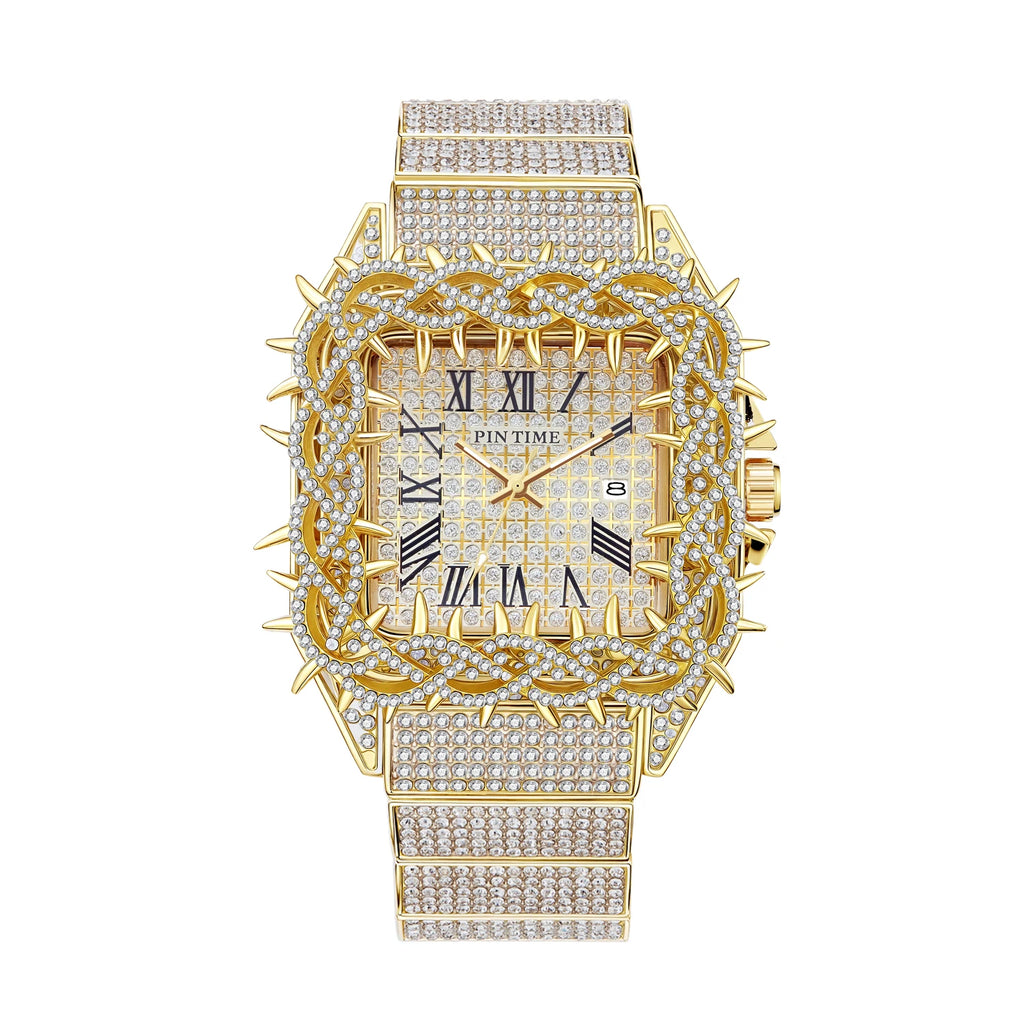 Black Spiked Diamond Quartz Watch Hip Hop Bling Full Crystal Wristwatch Men's Punk Style Daily Wear Jewelry with Gift Box